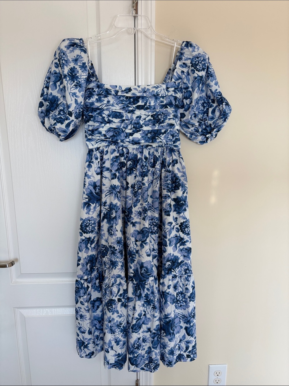 Emerson Poplin Puff Sleeve Midi Dress Blue Floral XS